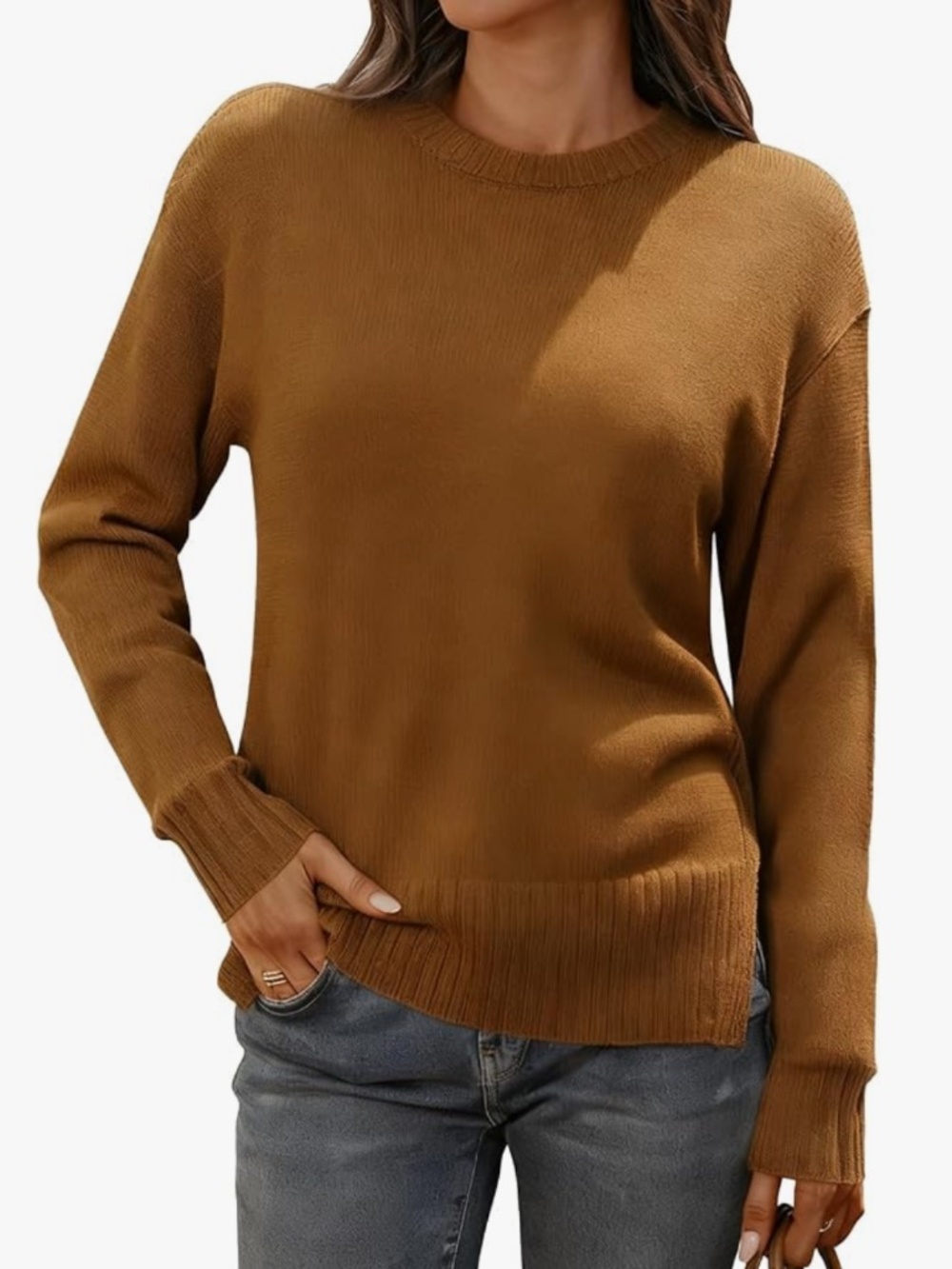 Women's Merino Wool Blend Sweater Crew Neck Side Slit Pullover